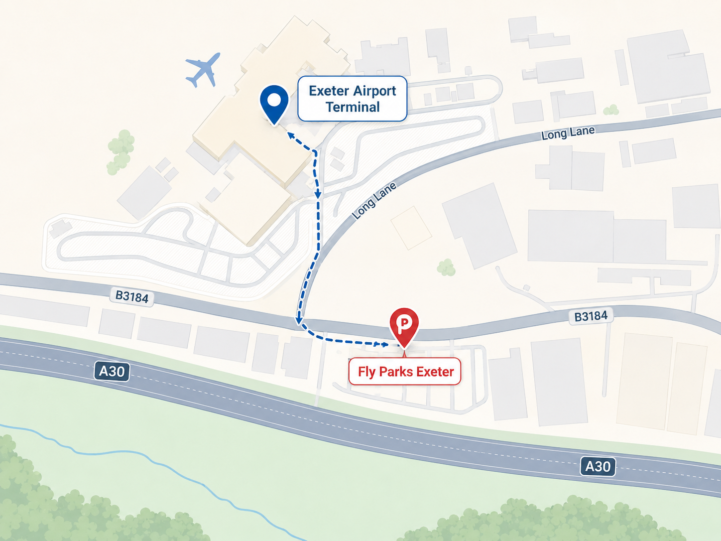 Map showing Fly Parks Exeter relative to Exeter Airport Terminal